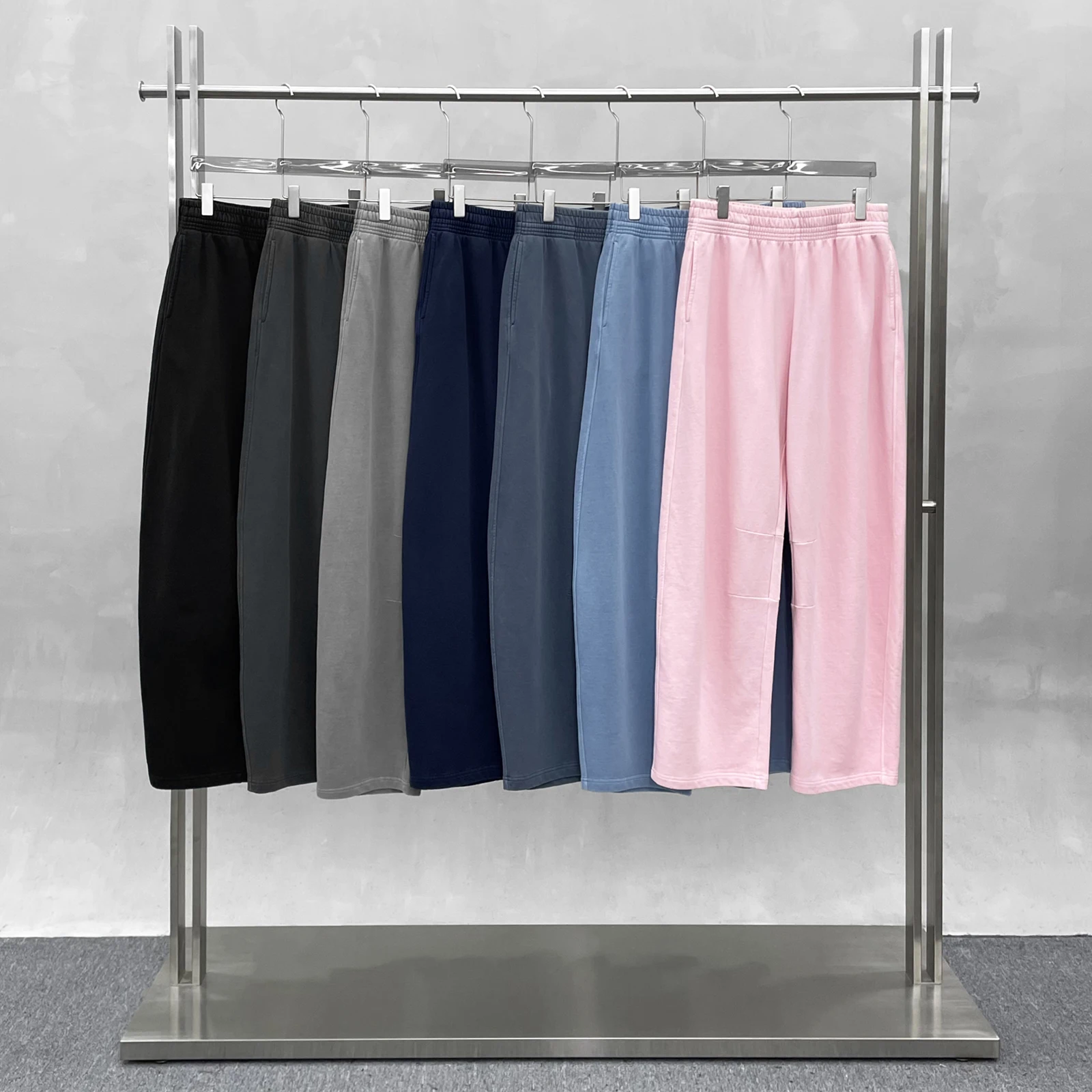 Cotton Looped Curved Knife Pants Blue Vintage Washed Barrel Sweatpants Clean Fit Elastic Waist Wide-leg Sweat Pants for Men view 2