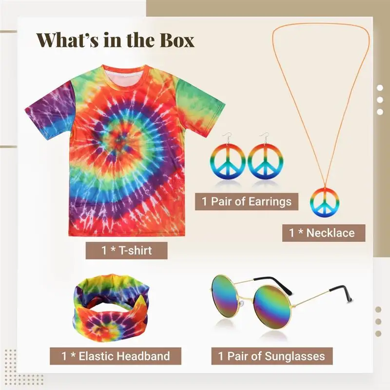 70s Men\'S Hippie Costume Outfit Colorful Tie-Dye Print T-Shirt Set With Headband Sunglasses Peace Sign Necklace Colorful Shirts