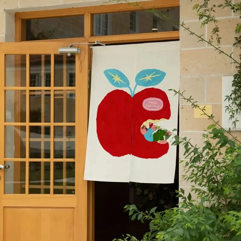 VIKAMA Cute Cartoon Apple Noren Door Curtain Sweet Holiday Figure Fruit Print Fabric Home Room Partition Decor