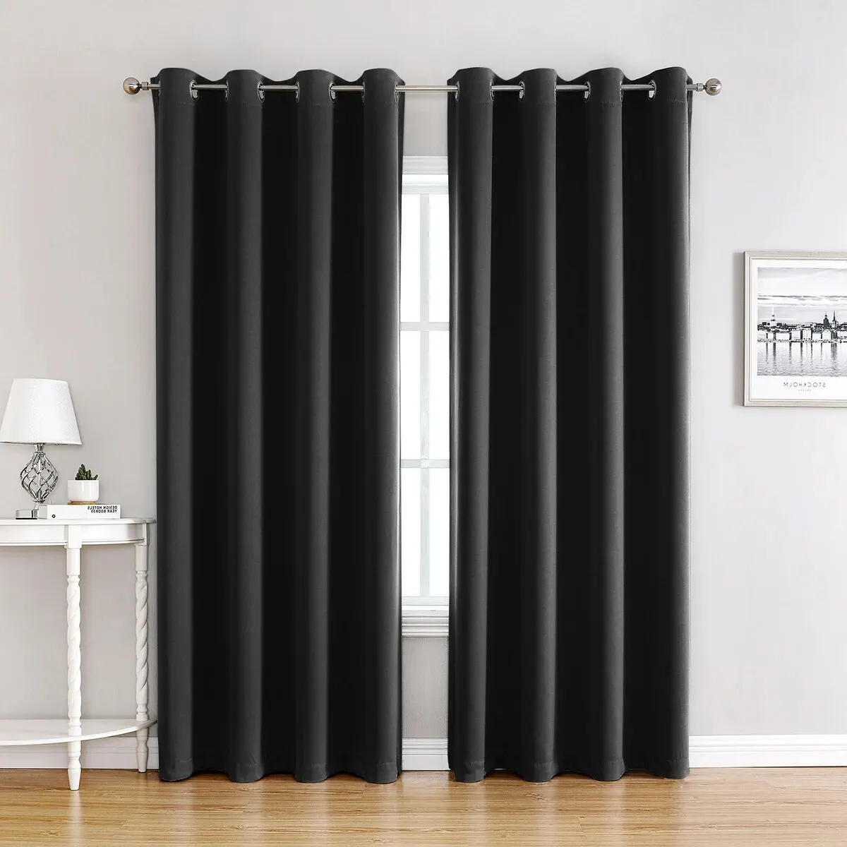 Curtain 1 Panel 42 Inches Wide by 64 Inches Long Solid Thermal Insulated Grommet Blackout Curtains for Bedroom Window Black