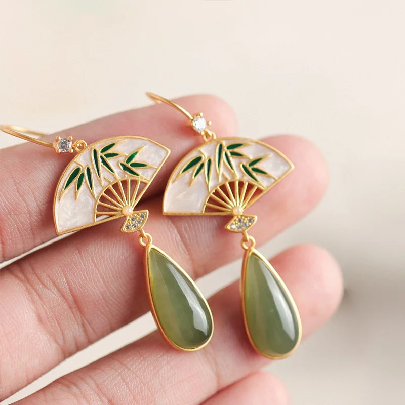 

Designer original fan-shaped earrings for women natural Hetian jade drop-shaped exquisite and elegant charms jewelry