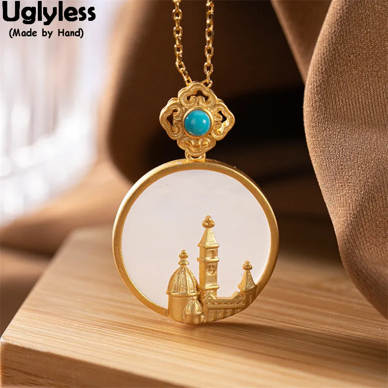 Uglyless Middle East Castle Creative Jewelry for Women New Stylish Natural Jade Pendants Necklaces Fairy Tale 925 Silver Jewelry