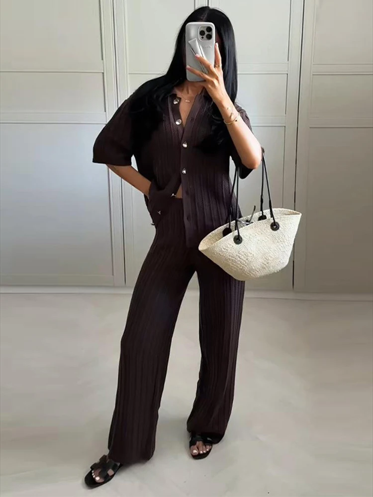 

Vintage Knitted Loose Pants Set Women Brown Half Sleeve Lapel Single Breasted Cardigan Straight Trousers 2025 Fashion Solid Suit