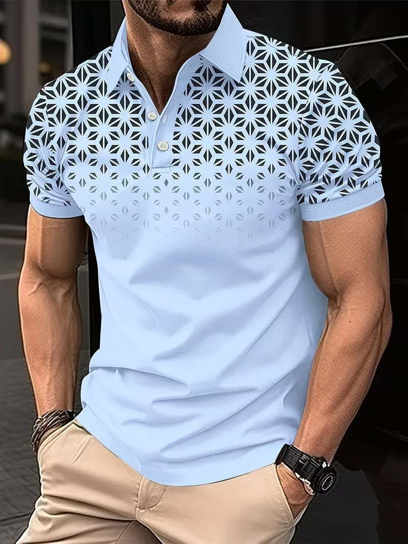 Men's summer classic solid color diamond grid print men's lapel Polo fashionable and comfortable