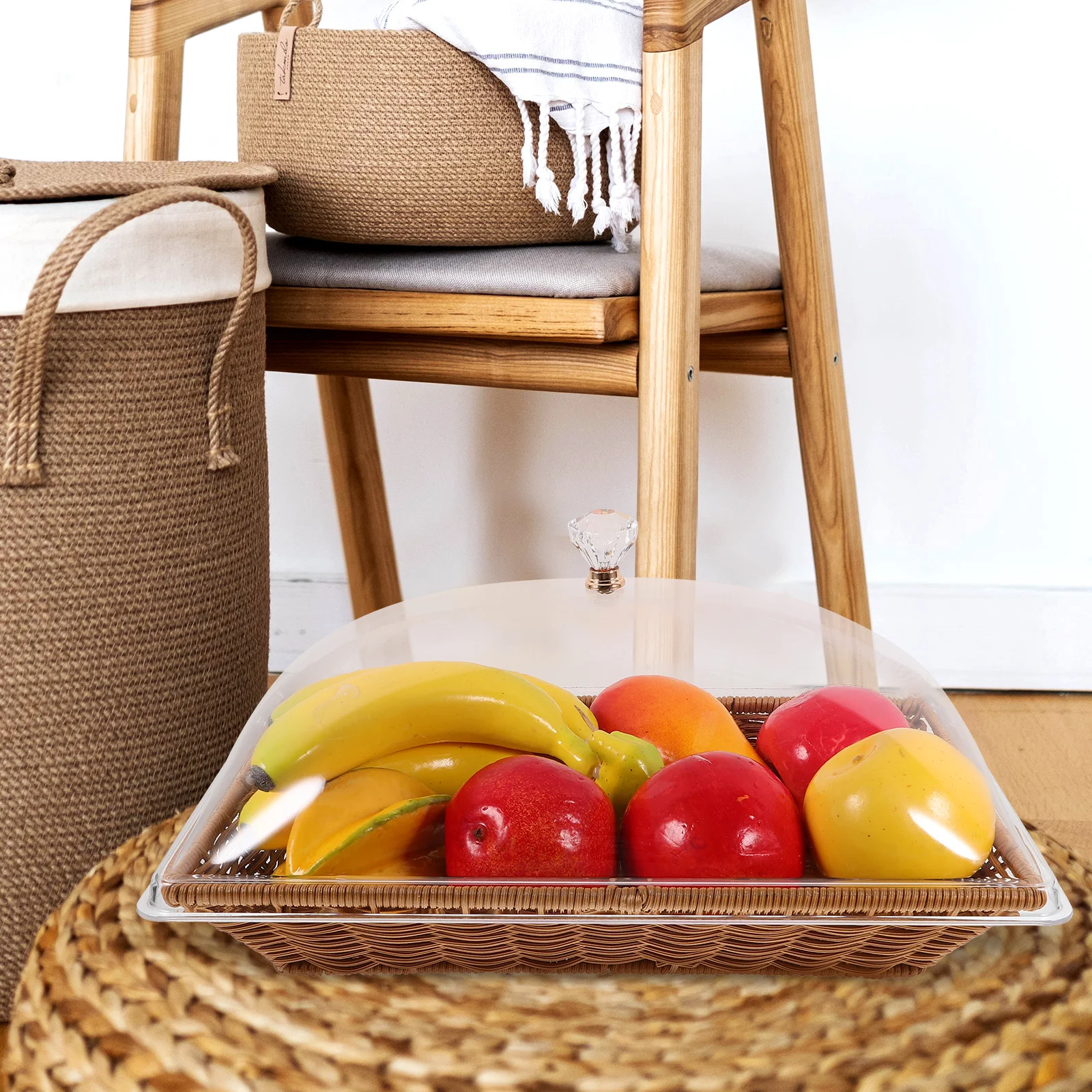 

1 Set Bread With Lid Food Basket Transparent Acrylic Cover Lightweight Woven Serving Tray For Kitchen Home Bakery Fruit