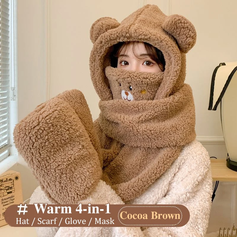 Winter Lamb Wool 4-In-1 Hat Scarf Gloves Facemask Set Women Caps Warm Casual Plush Neck Hats Casual Fleece Girls Beanies