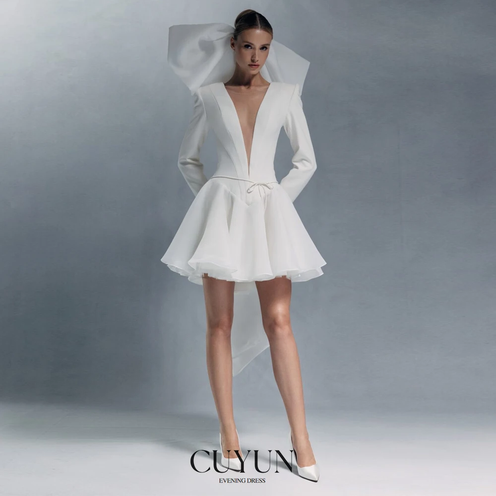 

CUYUN Deep V-Neck Mini Wedding Party Dresses Long Sleeves A Line Short Bridal Gown Customized Evening Party Dresses Prom Gown