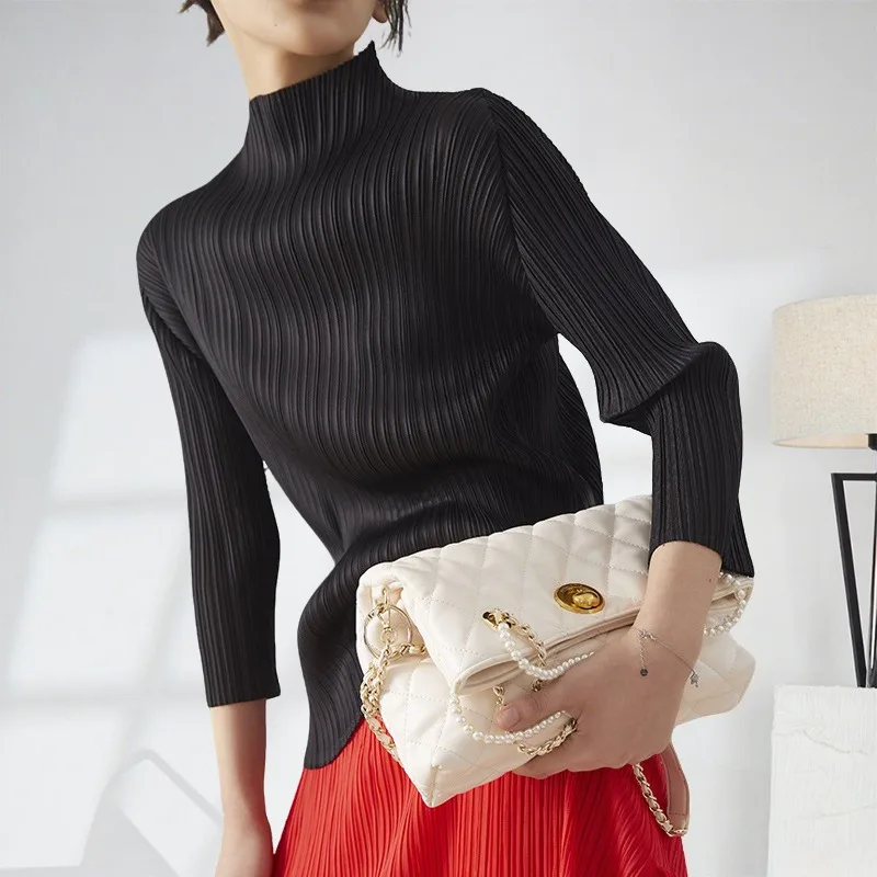 

Miyake плиссированная блузка женская осенняя новая эластичная футболка тонкий пуловер с рукавами девять минут черный европейский американский