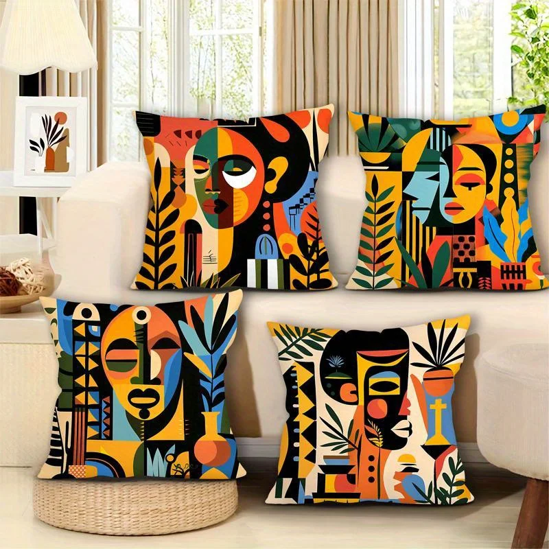 4pcs Modern Decorative Throw Pillows - African Tribal Patterns in Bold Orange, Green, Black, White, Yellow, Blue, Red, Brown