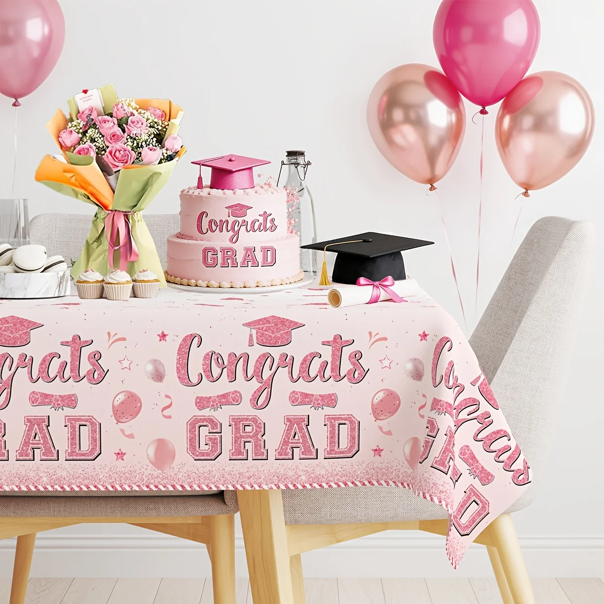 1pc Pink Table Covers with a Graduation Theme, Measuring 220 by 51.18 inch, Featuring a Rose Golden Graduation Design. This Disp