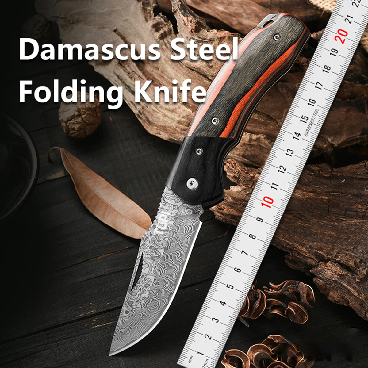 Portable EDC Folding Pocket Knife with Laser-Engraved Damascus-Style Blade. Multi-Functional Knife for Outdoor Camping and Survi