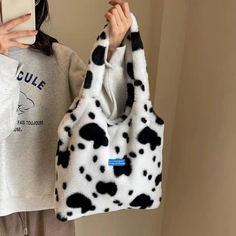 

Cow Print Plush Tote Bag Fashion Leopard And Zebra Print Handbag Winter Casual ShoulderBag Magnetic Snap Bucket Bag Shopping Bag