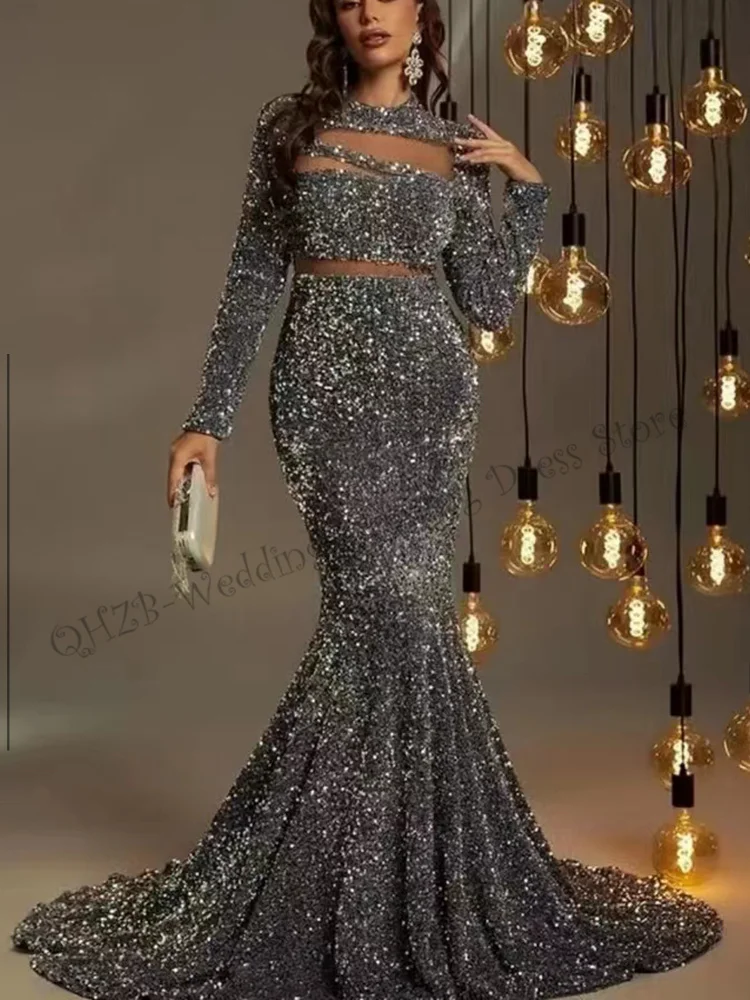 Fashion Sexy O-Neck Black Court Train Long Sleeve Sequined Crop Top Mermaid / Trumpet Formal Evening Dresses