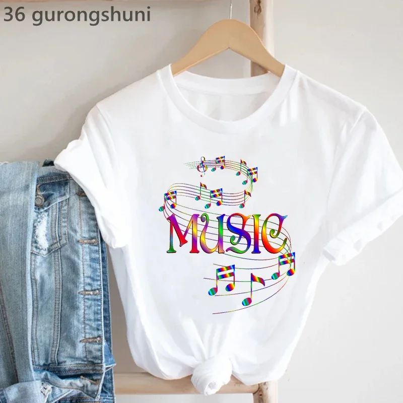 I Love Music Graphic Print Tshirt Women Cool White T-Shirt Femme Summer Fashion T Shirt Female Music Lover Note Shirt Wholesale