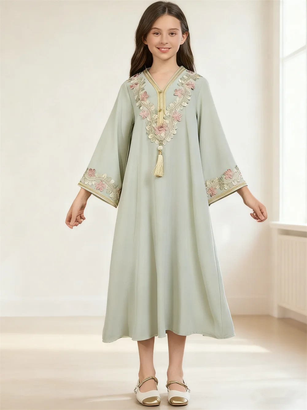 Ramadan muçulmano meninas vestido applique crianças robe árabe vestidos de festa dubai abaya turquia kaftan djellaba jalabiya oriente médio