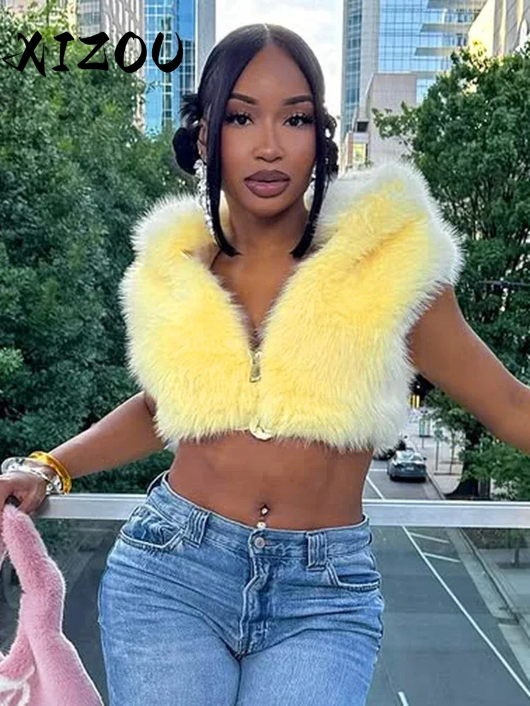 

XIZOU Sexy Furry Tank Tops Women Chic Hooded Zip Autumn Trend Cardigan Midnight Basic Street Party Club Furs Hipster Vest