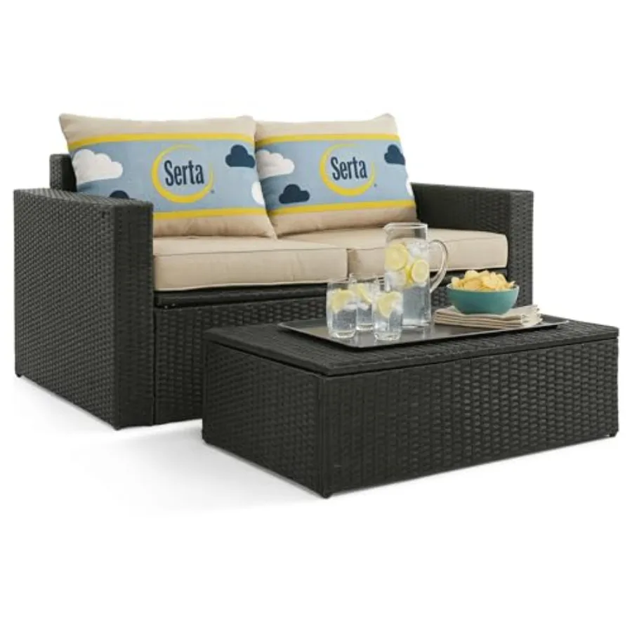 Outdoor patio furniture set for porch, balcony or deck: black wicker with beige cushions, coffee table included, hidden storage