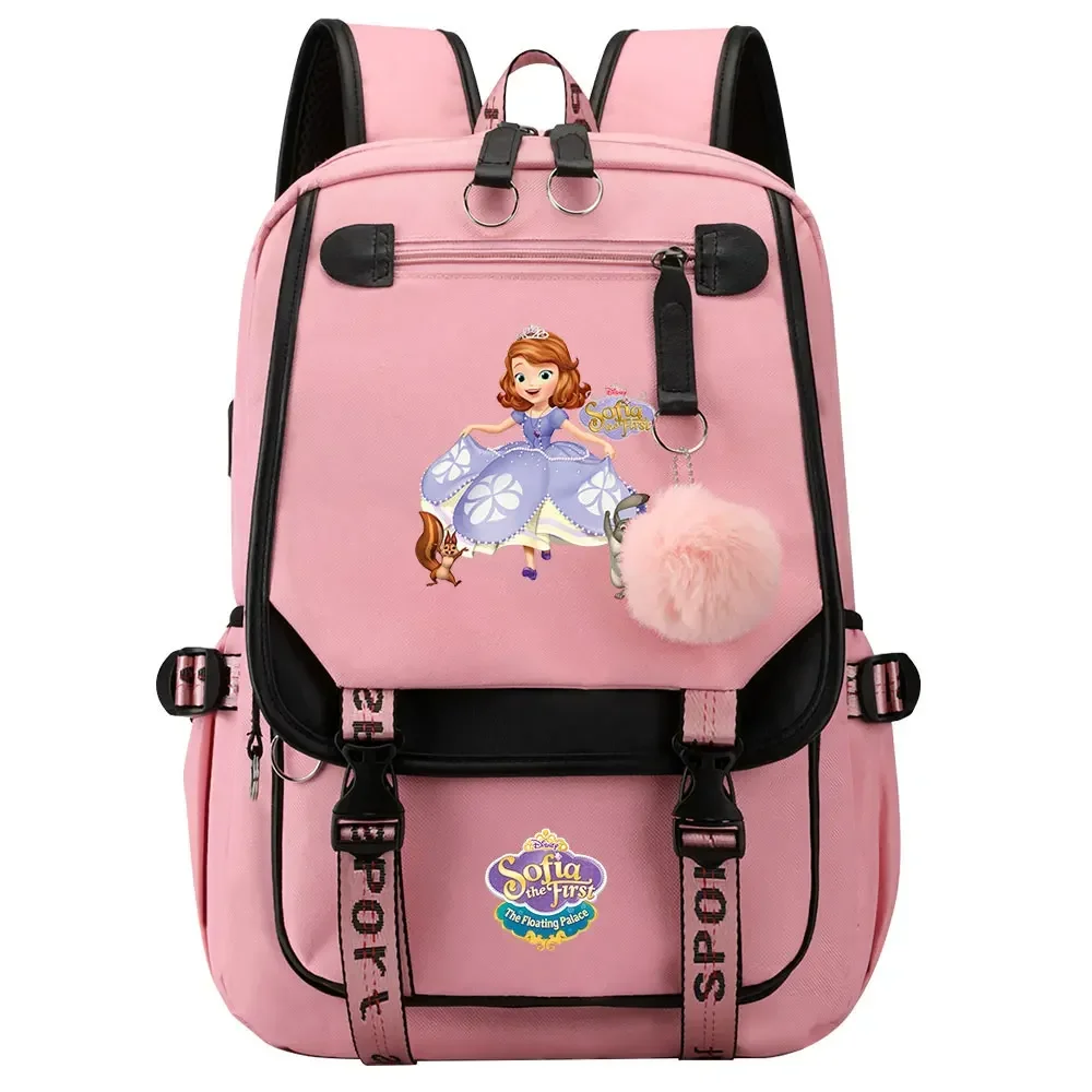 MINISO  Sofia Princess Boys Girls Kids School Book Bags Women USB Bagpack Teenagers Canvas Laptop Student Backpack