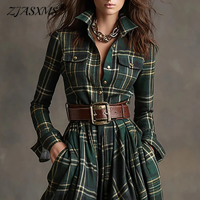Boho Donna Abbigliamento Elegante Colletto della camicia Bottoni Abiti lunghi larghi Retro Nuovo plaid Stampa Tasca Altalena Autunno Maxi Dress Vestidos