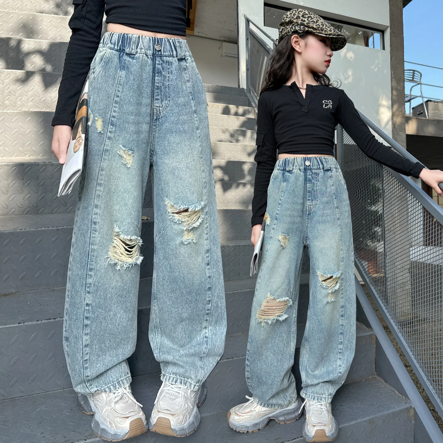 

Teenager Girls Autumn Jean Korean Children Girls Elastic Waist Ripped Denim Pant 4-14Y Girls Retro Casual Straight Leg Pant
