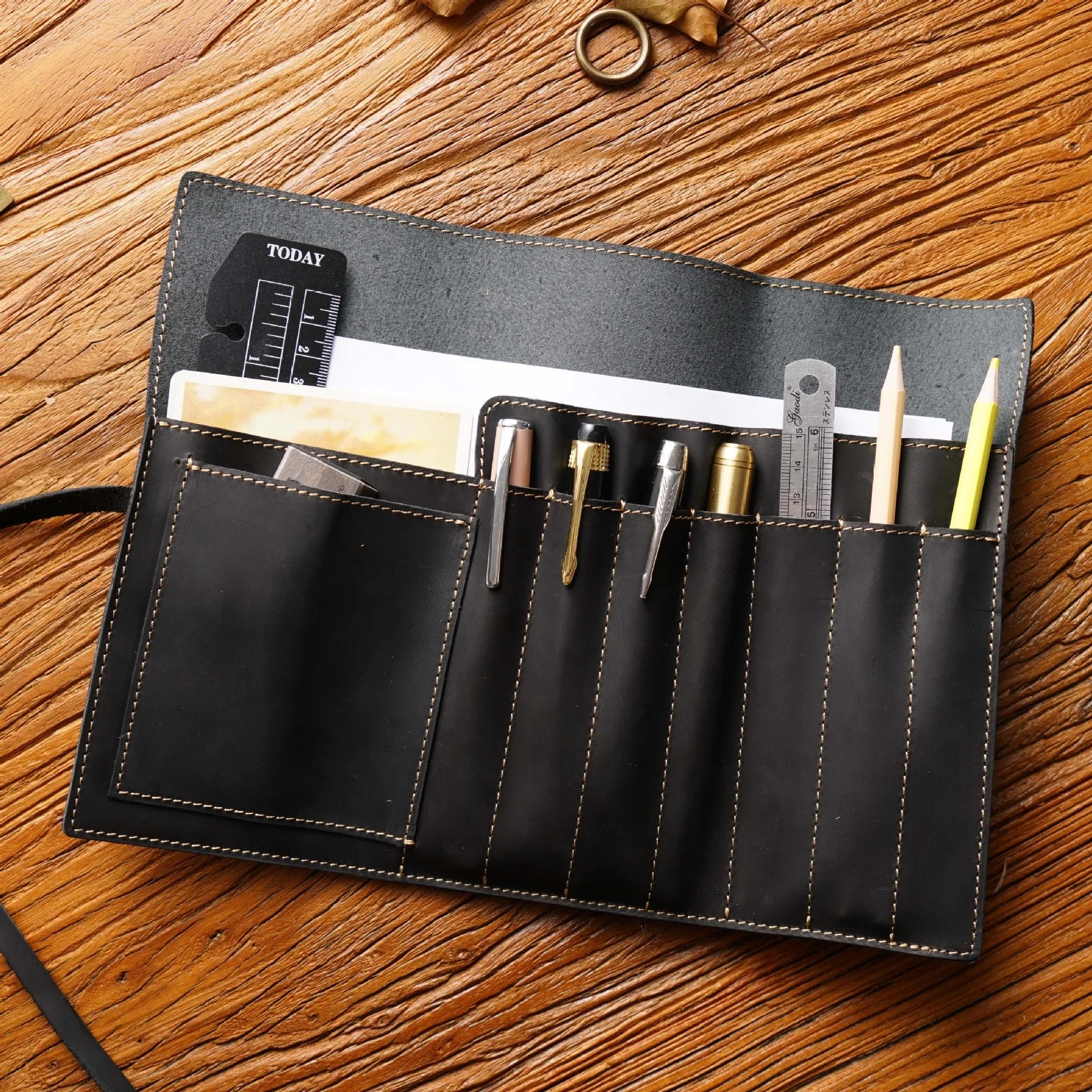 Imagem -06 - Retro Multifuncional Couro Lápis Case Roll-up Pen Bolsa Pen Storage Bolsa Art Stuff Organizer Wrap Dobrável Tool Pouch Box