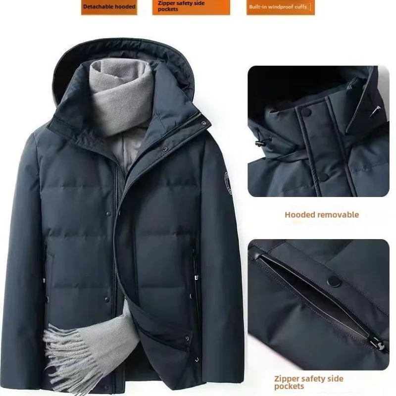 New Winter Men's  Down Jackets, Thickened for Warmth, Filled with White Duck Down, Featuring A Hood and Windproof DesignMensCoat