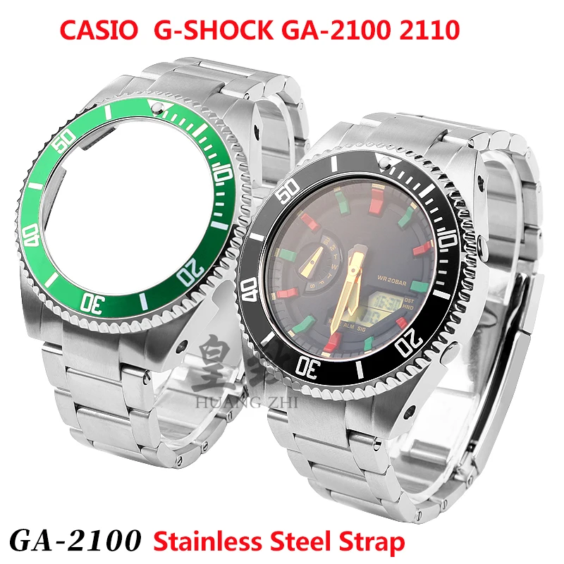 علبة ساعة معدنية فضية كاملة ، مدي دوران ، حزام الحافة ، مجموعة الفرقة ، الفولاذ المقاوم للصدأ ، كاسيو البلوط ، طقم عصري مجددة ، GA2100 ، GA2110