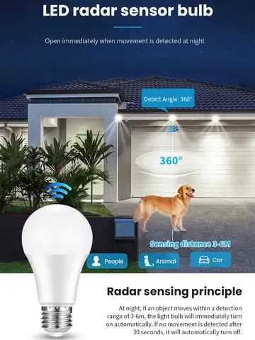 1pc Radar Motion Sensor Light Bulbs Dusk to Dawn LED Bulbs Outdoor Auto On/Off for Indoor Outdoor Basements, Porch,Courtyards