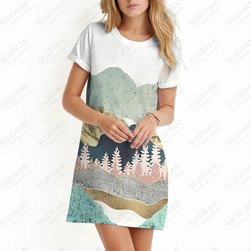 Summer new lady dress landscape painting 3D printed lady dress retro style ladies dress fashion trendy casual lady dress