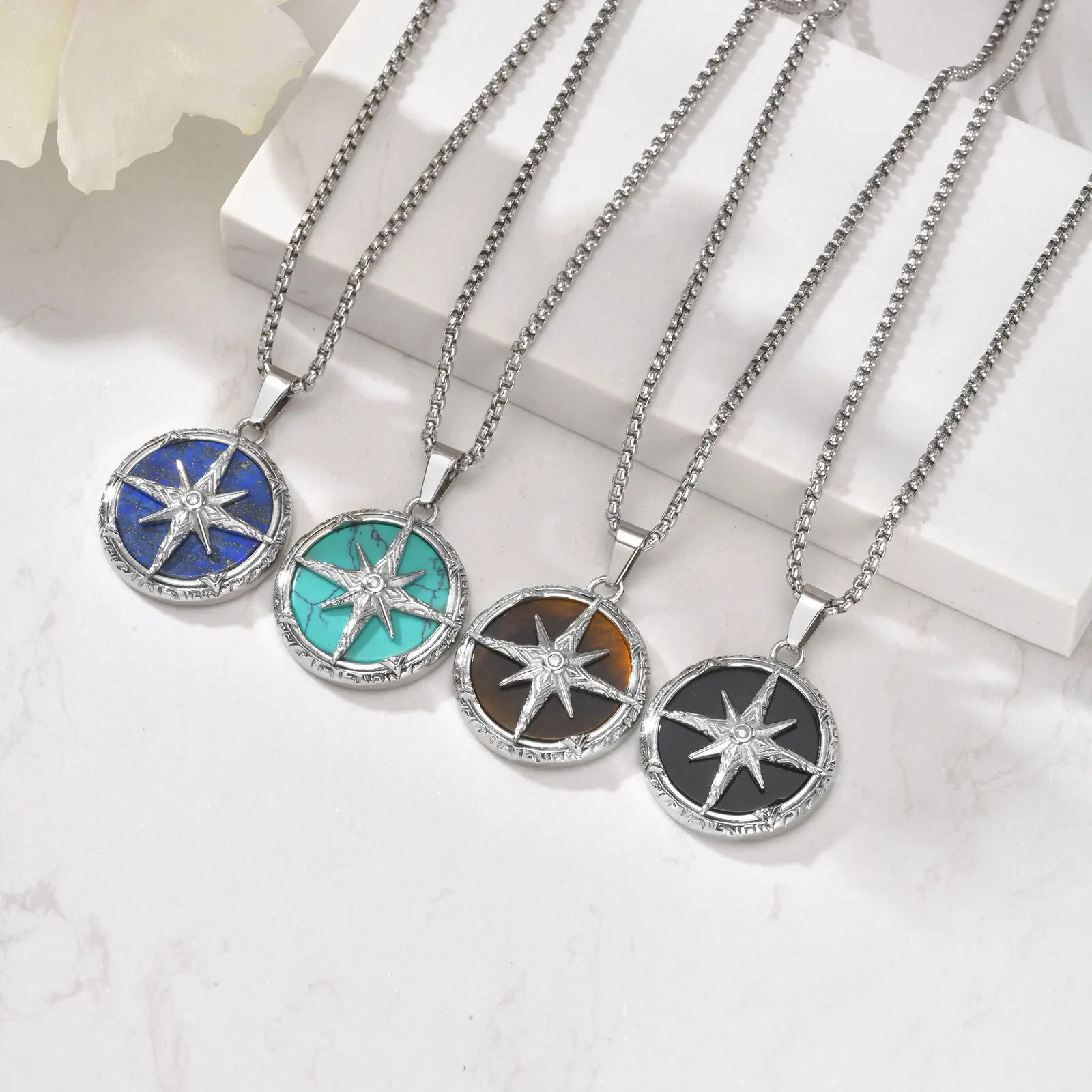 VNOX Stainless Steel ‌Eight Awn Star Turquoise Pendant Necklace 24x28x6.2mm Hypoallergenic Jewelry Vintage Gifts for Men Women