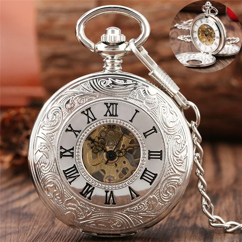 Steampunk Silver Men Women Handwinding Mechanical Pocket Watch Double Hunter Roman Number Dial Timepiece Pendant Chain Reloj