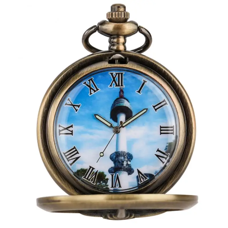 Handcraft N Seoul Tower Buliding Quartz Pocket Watch Bronze Blue Sky Collection Souvenir Necklace Clock with 80cm/38cm Chain