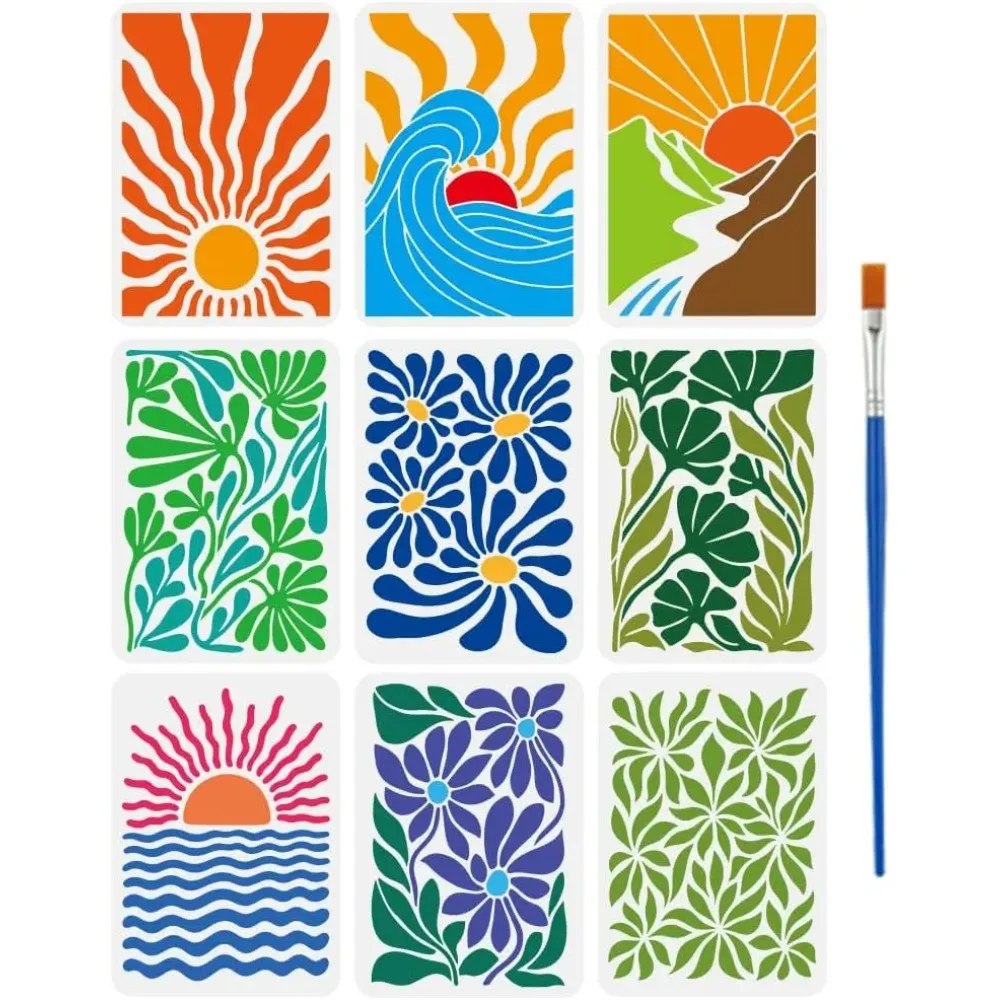 

9 шт. трафареты природы в абстрактном стиле с кистью 11,7x8,3 дюйма, геометрические трафареты для рисования, многоразовый трафарет на тему природы