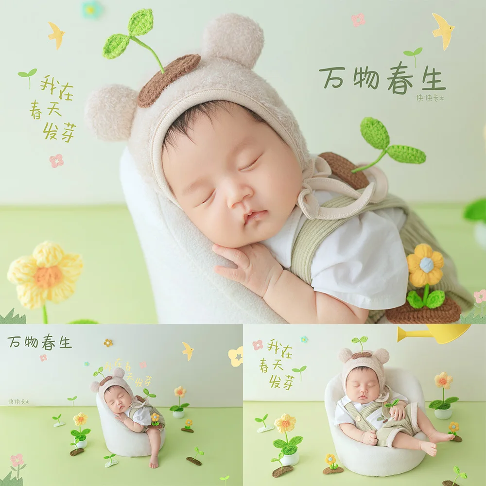 Newborn Milestone Photography Props Spring Garden Themed Baby Photo Outfit Flower Decor Props Mini Watering Can for Studio Shoot