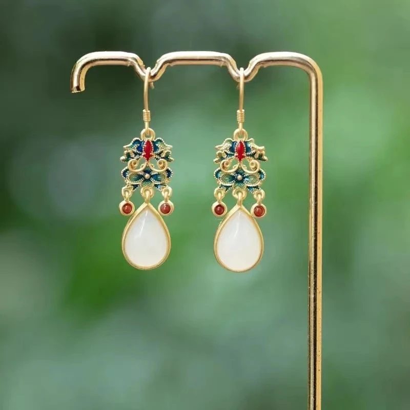 

Natural Hetian white jade colorful enamel porcelain drop-shaped earrings Chinese retro light luxury charm women's silver jewelry