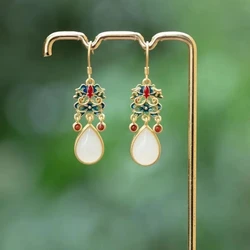 Natural Hetian white jade colorful enamel porcelain drop-shaped earrings Chinese retro light luxury charm women's silver jewelry
