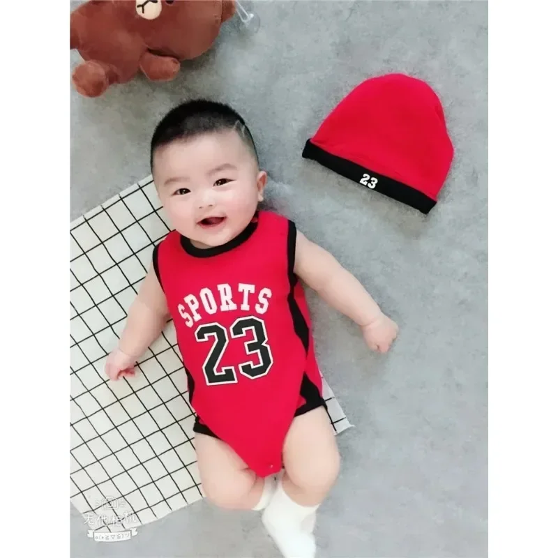 1 Set No Sleeve Basketball Style Rompers Matching Hat Number 23 Jumpsuits Indoor Outdoor Daily Leisure Sport Outfit Suit