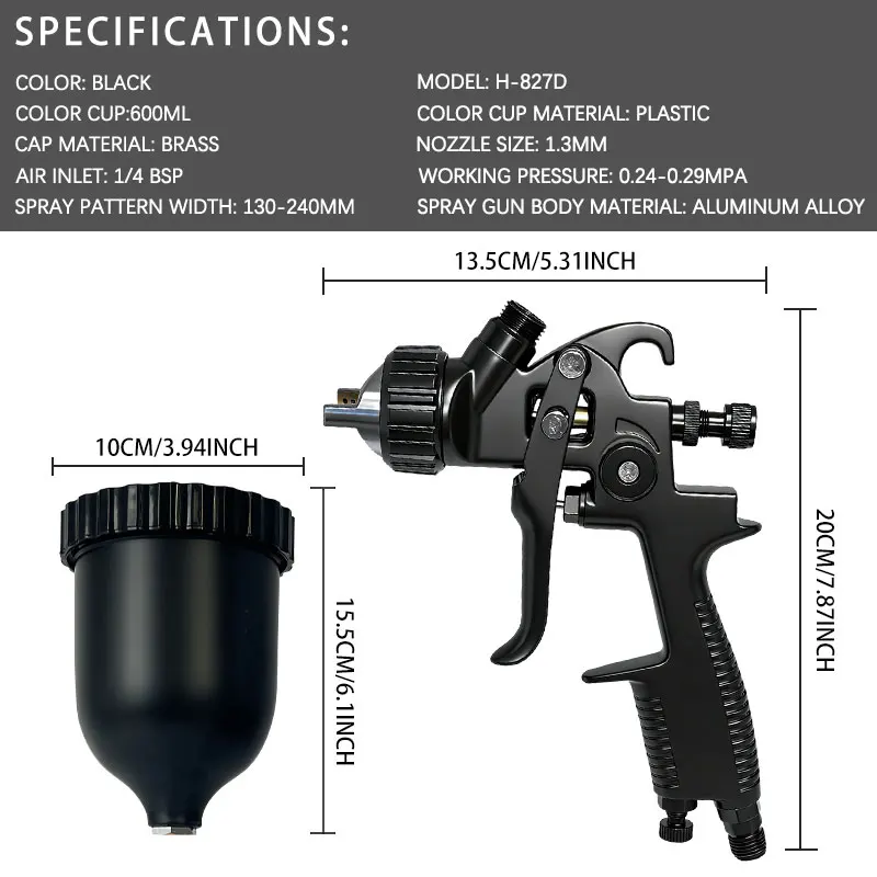 HVLP Gravity Feed Air Spray Gun 1.3mm Nozzle 600cc Cup Pneumatic Paint Sprayer for Car Furniture Metal Painting