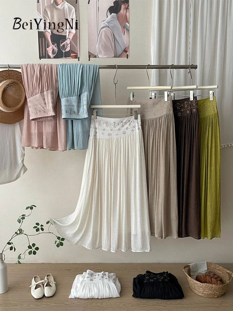 

Beiyingni Cotton Linen Long Skirt Women 2026 Summer Elegant Fit And Flare Skirts Ladies Casual Holiday Boho Maxi Pleated Skirt
