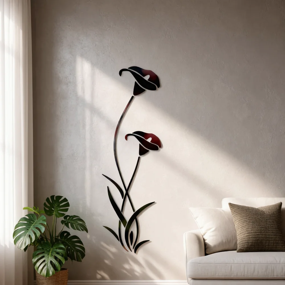 Black 3D Mirror Acrylic Calla Lily Wall Sticker, DIY Floral Mirror Wall Decal, Modern Stereoscopic Flower Wall Art for Entryway Bedroom Living Room Home Decor, Size 29cm*100cm