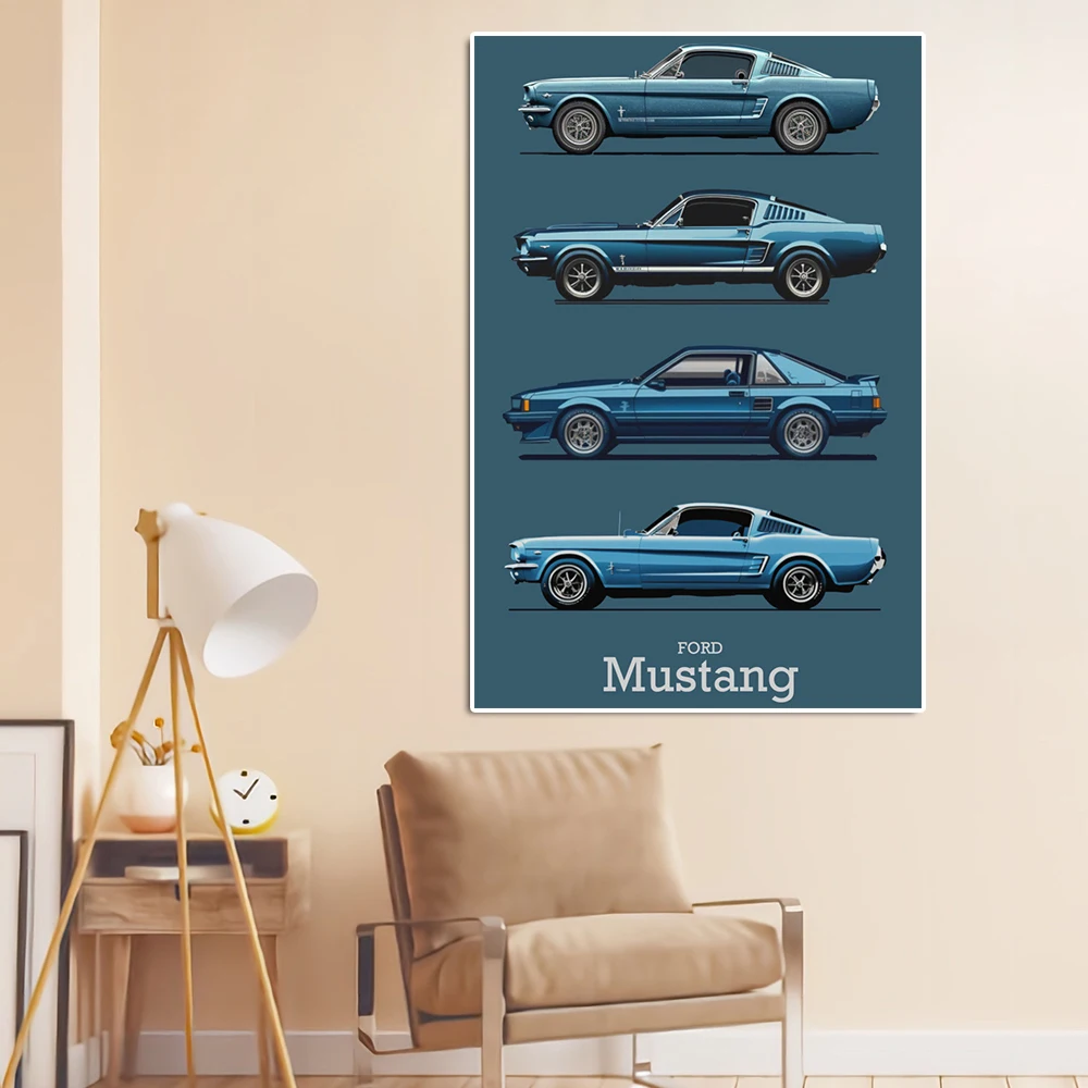 Classic Mustang Sports Car Evolution Poster Vintage Muscle Racing Canvas Painting Supercar Comic Wall Art Print Room Decor Gift