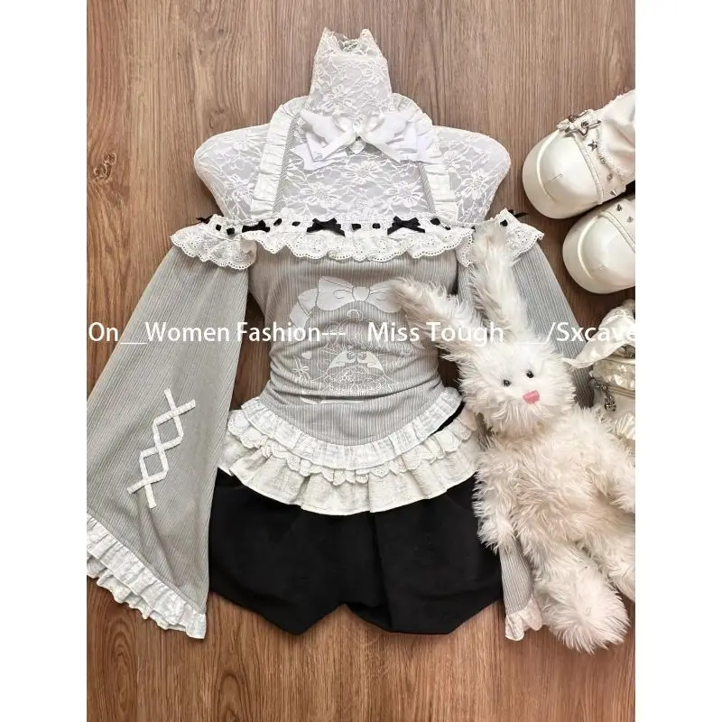 Japanese Kawaii Lolita Suits Female Casual Vintage Y2k 2 Piece Skirt Sets Evening Party Clothing Long Sleeve Sweater Chic