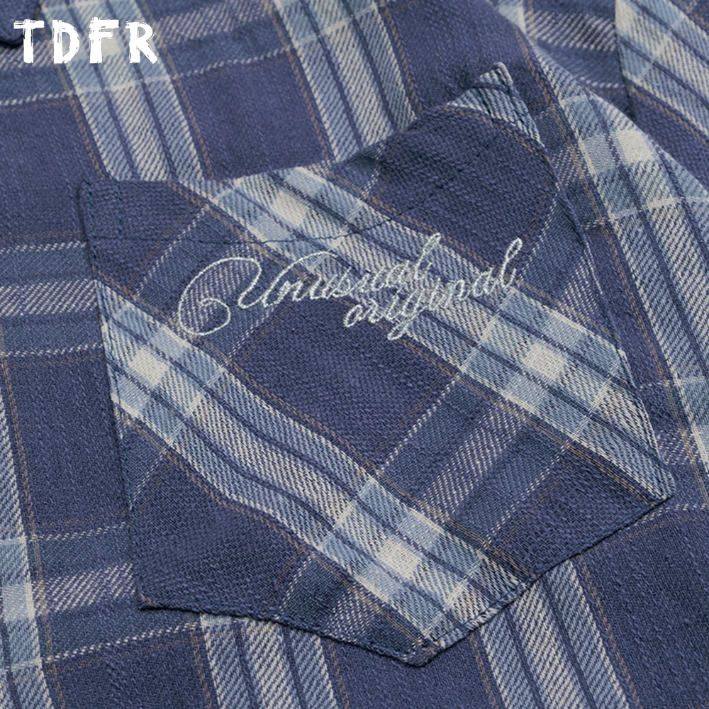 Retro Plaid Long Sleeve Shirts Mens Pocket Letter Embroidery Autumn Casual Loose Long Sleeve Single Breasted Cotton Shirts Man