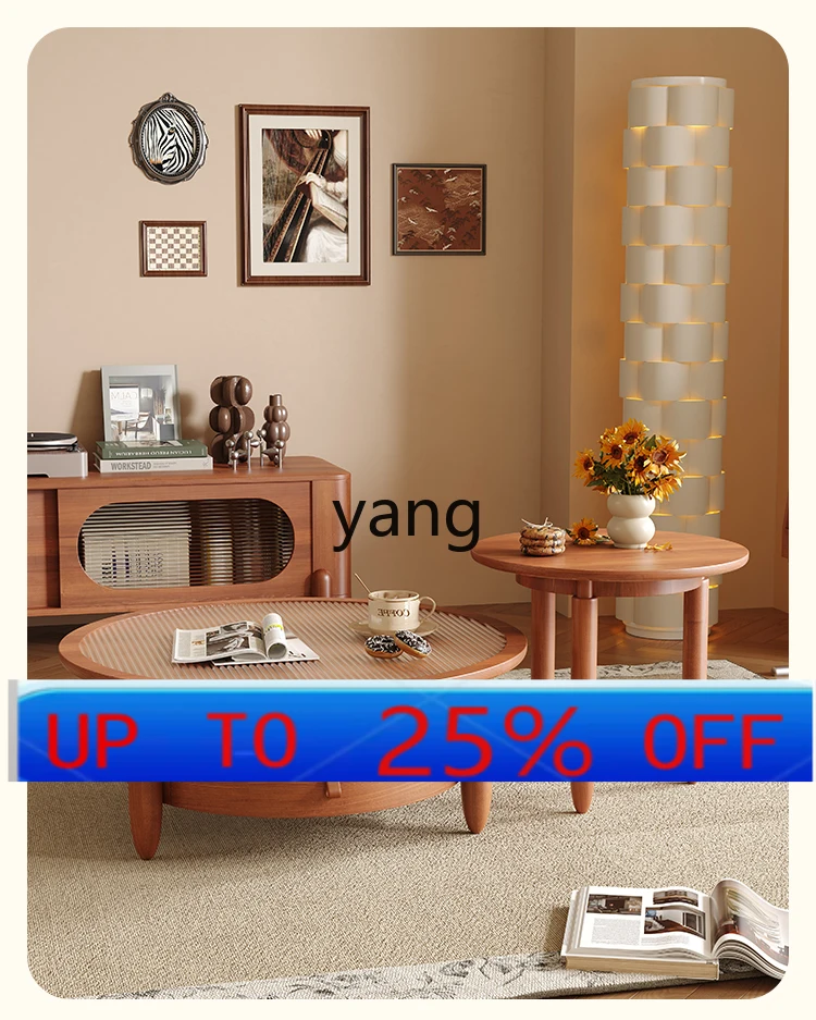 

LMMSolid Wood Coffee Table Vintage Style Round Edge Glass Retro
