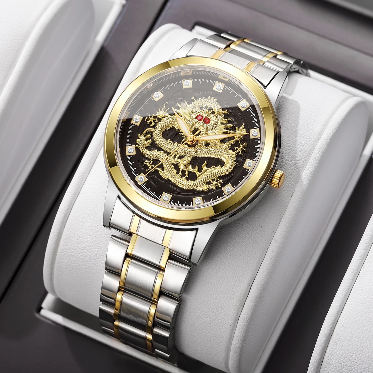 

Модные мужские деловые часы с ремешком из нержавеющей стали, роскошные кварцевые наручные часы с драконическим циферблатом Reloj Hombre (без коробки)