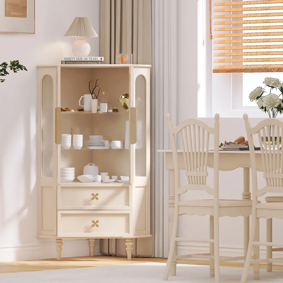 خزانة زاوية فرنسية بسيطة، خزانة مشروبات للتخزين المنزلي، خزانة بحافة الرياح مزدوجة وكريمية #3