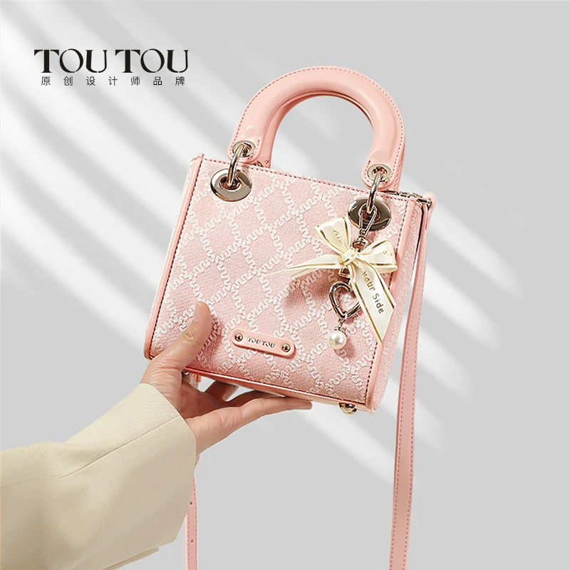 TOUTOU Ręczna torba na ramię Argyle Jacquard Fashion Bow Decor Satchel Purse Damska mała torba na ramię Różowa czarna biała torba damska