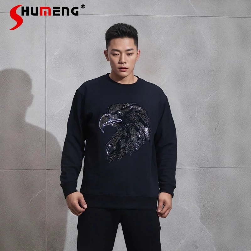 

Men's 2025 Autumn New Fashion Sportswears Trendy Oversize Rhinestone Personalized Round Neck Sweatshirts Fashion Comfort Tops
