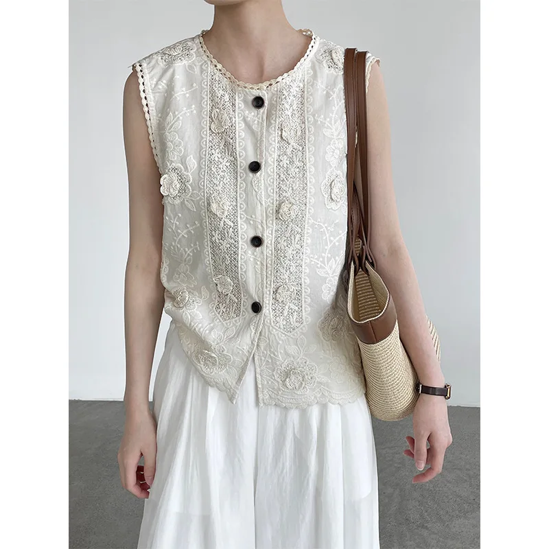 

Heavy Industry Embroidery Relief Flower Sleeveless Top for Women, Korean Style Slimming Lace Camisole Vest