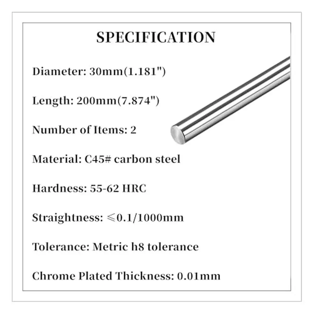 Linear Motion Shaft Pair 30mm x 200mm Hardened Chrome Plated Metric Rail Guide Kit